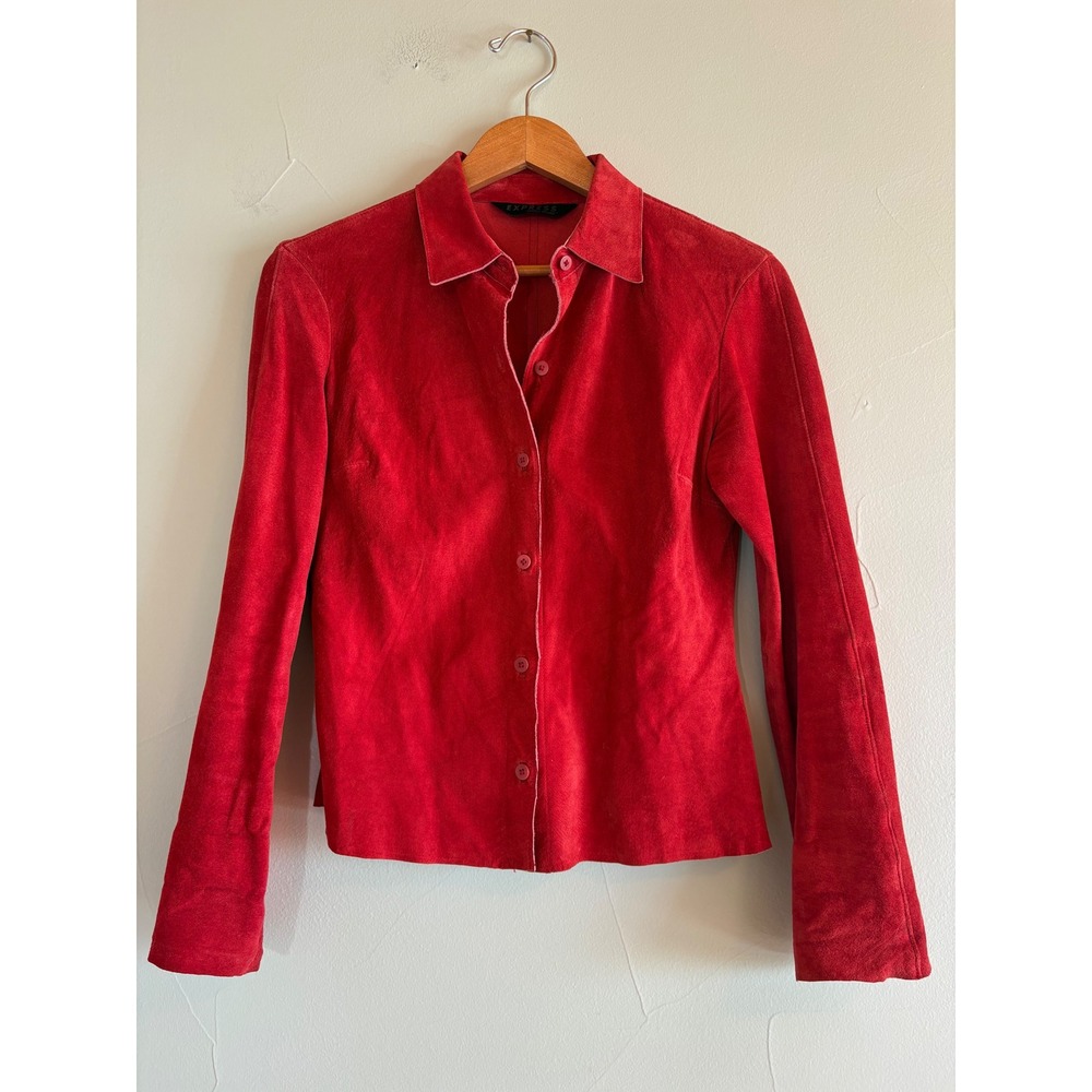 Vintage Express Red Suede Leather Chamois Tailored Button Down Shirt Jacket SZ S